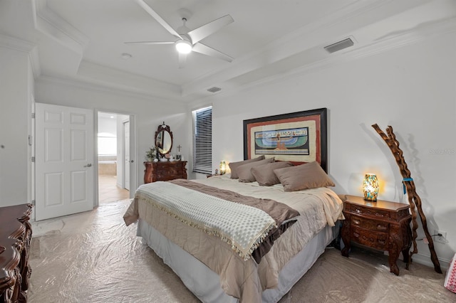 bedroom with ceiling fan, crown molding, and a tray ceiling