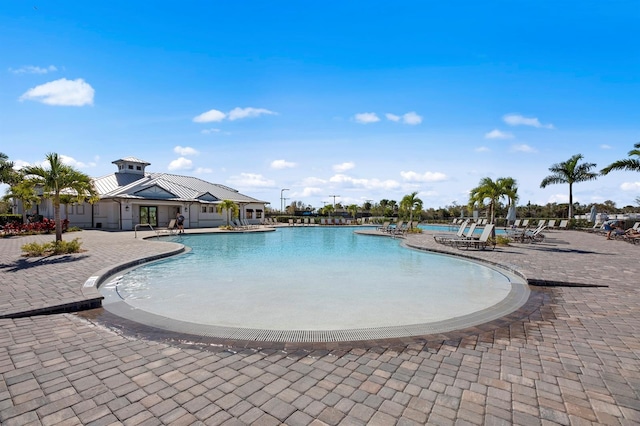 view of swimming pool featuring a patio area