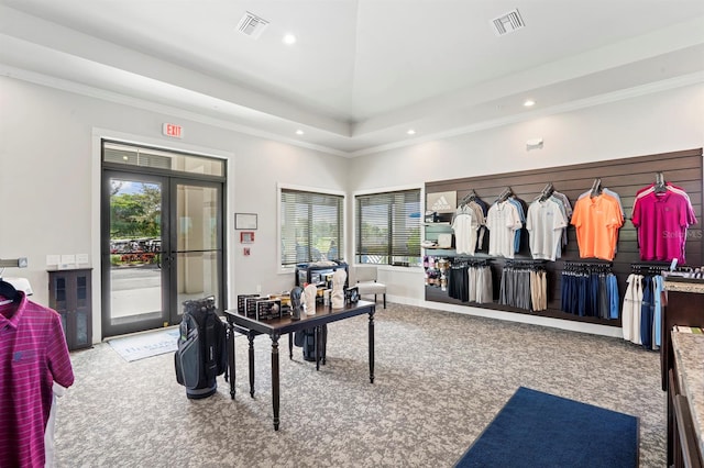 interior space with a wealth of natural light, ornamental molding, and light carpet