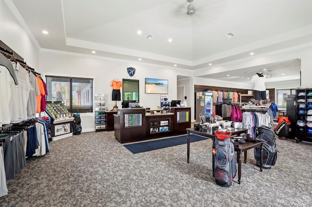 interior space with ornamental molding, a raised ceiling, carpet flooring, and ceiling fan