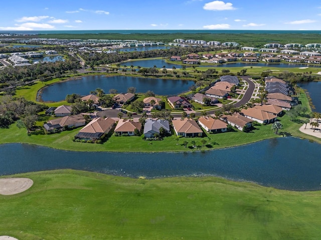 aerial view featuring a water view