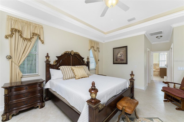 bedroom featuring ornamental molding, ceiling fan, and connected bathroom