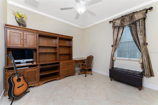 office with ceiling fan and crown molding