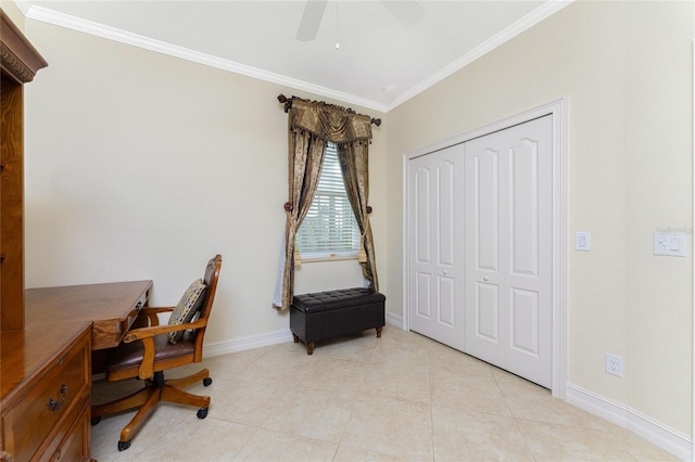 tiled home office featuring ceiling fan and ornamental molding