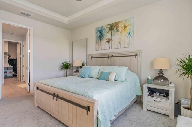 carpeted bedroom with a tray ceiling