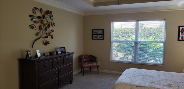 carpeted bedroom featuring ornamental molding