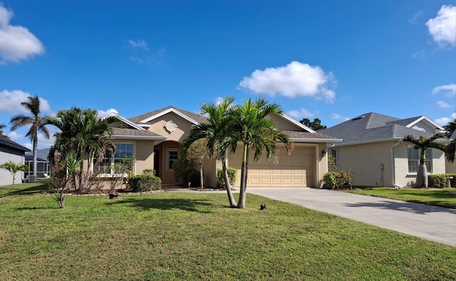 single story home featuring a garage and a front lawn