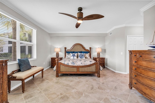 bedroom with crown molding and ceiling fan