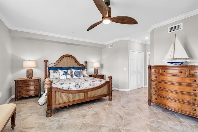 tiled bedroom with a closet, ceiling fan, and crown molding