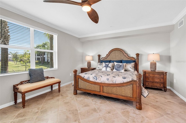 bedroom with ceiling fan, crown molding, and light tile patterned floors