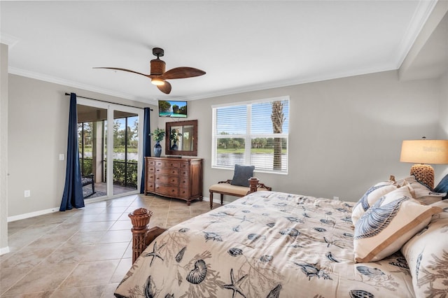 tiled bedroom featuring ceiling fan, crown molding, and access to exterior