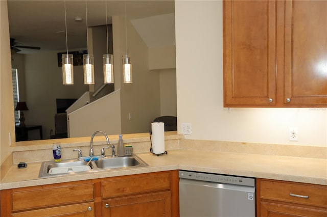 kitchen with ceiling fan, sink, decorative light fixtures, and dishwasher