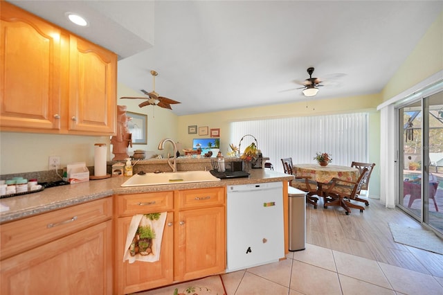 kitchen with ceiling fan, sink, light hardwood / wood-style flooring, white dishwasher, and vaulted ceiling