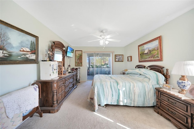 bedroom featuring light colored carpet and ceiling fan