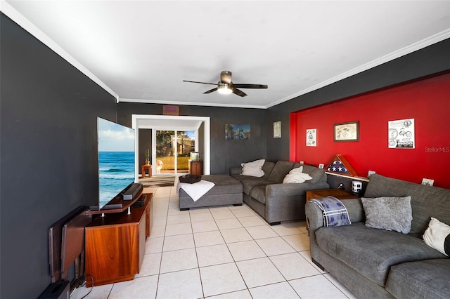 tiled living room featuring ornamental molding and ceiling fan