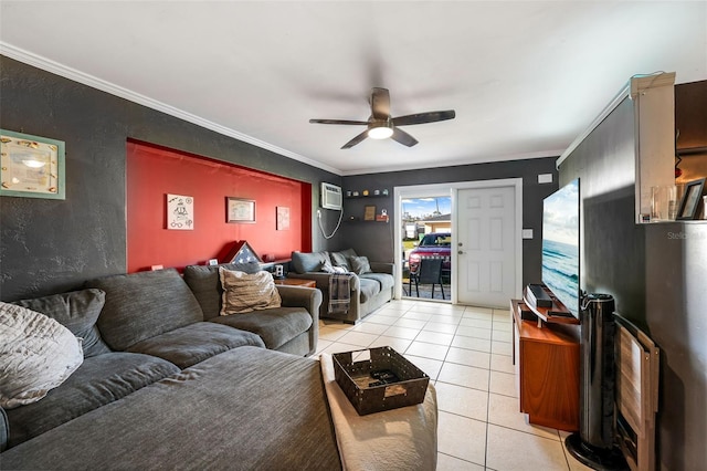 living room with ornamental molding, light tile patterned flooring, and ceiling fan