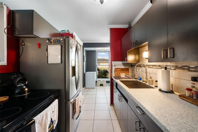 kitchen featuring decorative backsplash, black electric range oven, ornamental molding, and sink