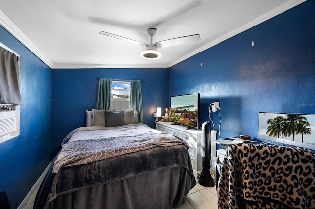 bedroom with ornamental molding, light tile patterned floors, and ceiling fan