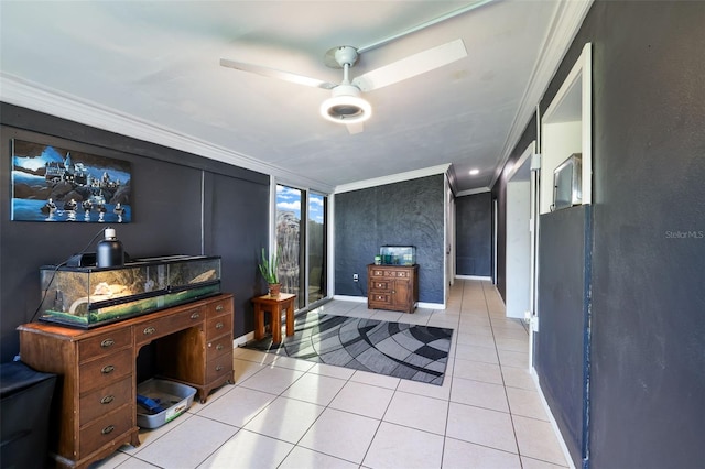 interior space featuring ornamental molding, light tile patterned floors, and ceiling fan