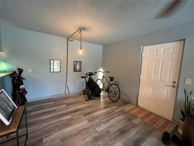 exercise area with a textured ceiling and hardwood / wood-style floors