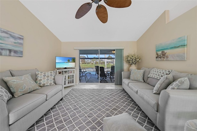 living room with high vaulted ceiling, tile patterned floors, and ceiling fan