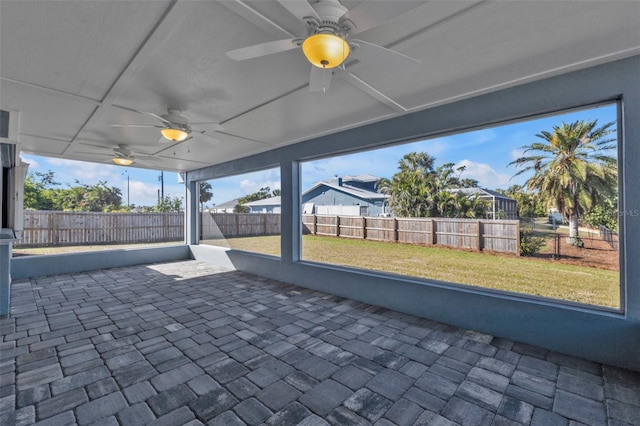 view of patio featuring ceiling fan and a fenced backyard