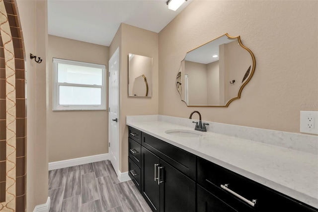 bathroom with vanity, baseboards, and wood finished floors