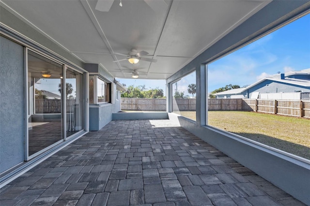 view of patio featuring a ceiling fan and a fenced backyard