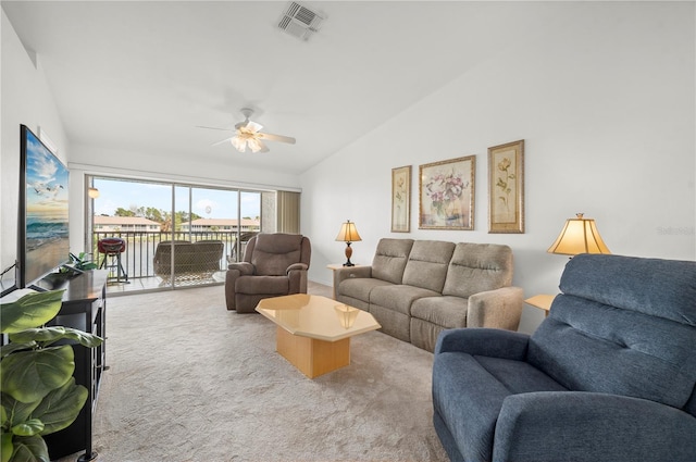 carpeted living room featuring lofted ceiling and ceiling fan