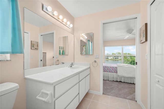 bathroom featuring vanity, ceiling fan, tile patterned flooring, and toilet