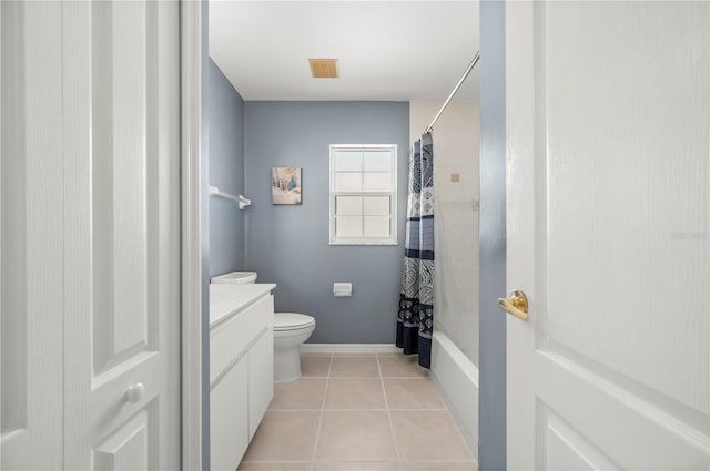 full bathroom featuring toilet, vanity, tile patterned floors, and shower / bathtub combination with curtain