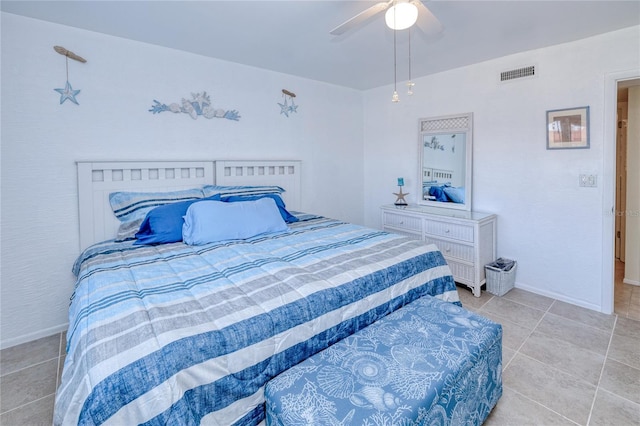 bedroom featuring light tile patterned flooring and ceiling fan