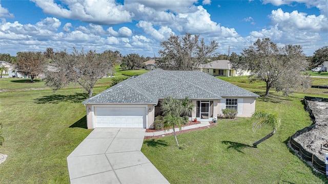 ranch-style house featuring a front yard and a garage