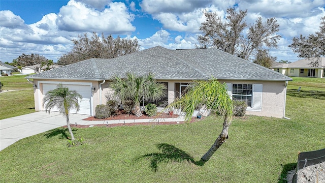 ranch-style home featuring a garage and a front lawn