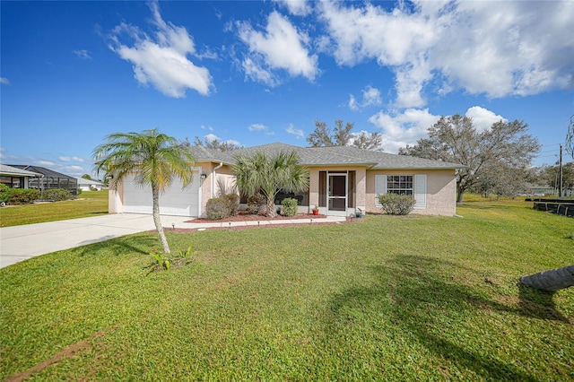 single story home with a front lawn and a garage