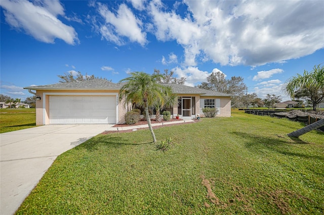 ranch-style home with a front yard and a garage