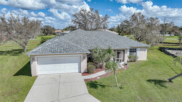 single story home featuring a front yard and a garage