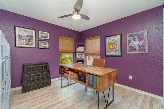 office area featuring ceiling fan and light hardwood / wood-style flooring