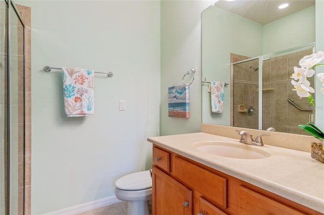 2765 Arugula Dr, North Port, FL 34289 - bathroom featuring a shower stall, toilet, vanity, and tile patterned floors