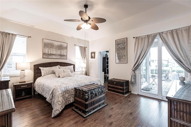 bedroom featuring ceiling fan, access to exterior, and dark hardwood / wood-style flooring