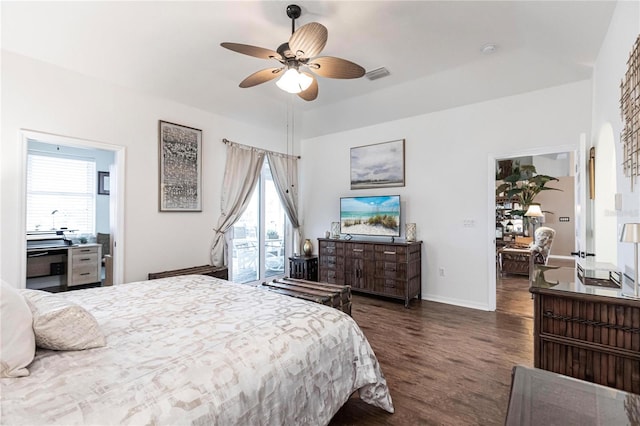 bedroom with ceiling fan, dark hardwood / wood-style flooring, and access to outside