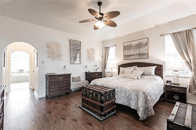 bedroom featuring multiple windows, ceiling fan, dark hardwood / wood-style floors, and connected bathroom