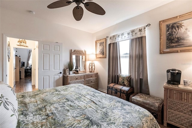 bedroom with light wood-type flooring and ceiling fan