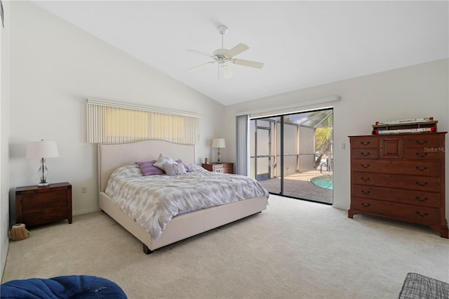 carpeted bedroom featuring ceiling fan, lofted ceiling, and access to exterior