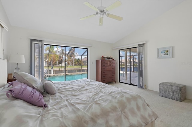 bedroom with light carpet, lofted ceiling, access to exterior, and ceiling fan