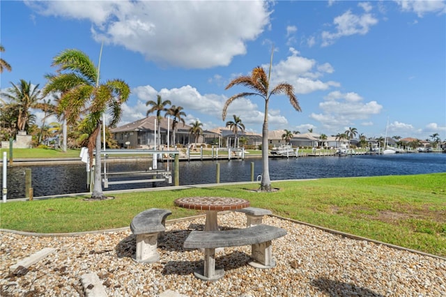 view of community with a yard and a water view