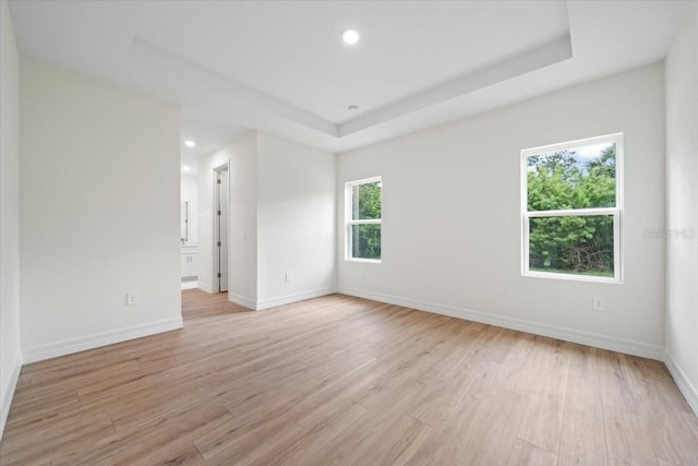 spare room with a healthy amount of sunlight, a tray ceiling, and light wood-type flooring