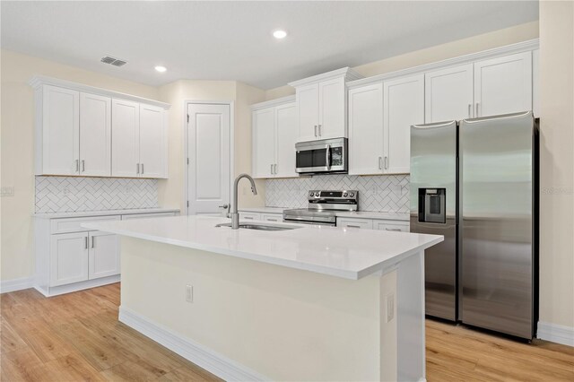3390 Nadasky Ave, North Port, FL 34288 - kitchen with appliances with stainless steel finishes, a sink, white cabinets, tasteful backsplash, and an island with sink