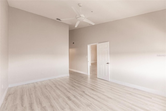 empty room featuring ceiling fan and light hardwood / wood-style flooring