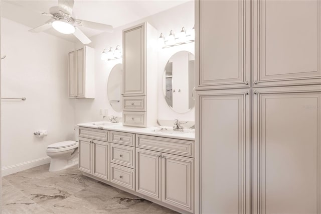 bathroom with ceiling fan, vanity, and toilet